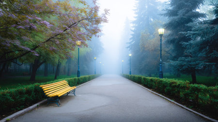 A tranquil park pathway enveloped in morning fog, featuring a bright yellow bench, lined with glowing lamps and surrounded by lush greenery, offers a peaceful retreat.の素材