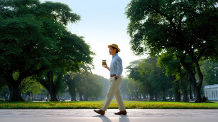 A serene scene featuring a person walking in a peaceful park, holding a coffee cup, with lush trees and soft morning light creating a tranquil atmosphere.の素材