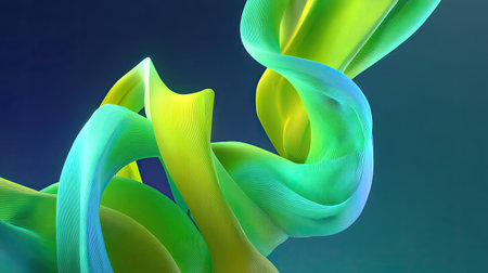 This abstract image features colorful waves entwined in fluid motion, showcasing bright greens and blues against a smooth background, ideal for artistic projects.の素材