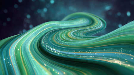 This captivating abstract image features flowing waves of green and blue texture with scattered sparkles, perfect for enhancing digital art and creative projects.の素材