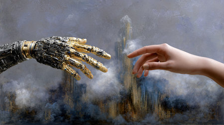 This captivating image features a human hand reaching out to a robotic hand amidst a dreamlike, cloud-filled landscape, symbolizing the connection between humanity and technology.の素材