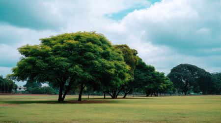 A beautiful scene showcasing vibrant green trees in a park, framed by a cloudy sky. This serene outdoor setting creates a perfect atmosphere for relaxation and leisure.の素材