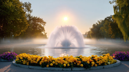 Experience the peaceful charm of a tranquil morning scene featuring a stunning fountain, vibrant yellow flowers, and a gentle mist illuminated by the rising sun.の素材