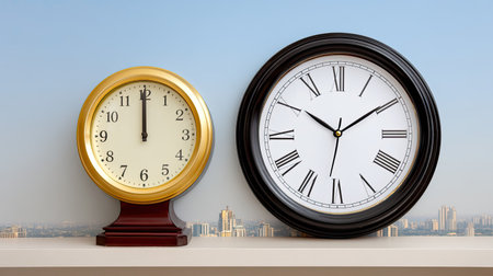 This image showcases a classic gold clock and a modern black clock, beautifully juxtaposed with an urban skyline, illustrating various aesthetics in timekeeping designs.の素材