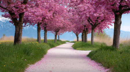 A peaceful pathway lined with blooming cherry blossom trees creates a serene atmosphere, adorned with fallen pink petals and surrounded by lush greenery.の素材