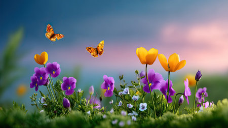 A stunning scene featuring colorful flowers and butterflies, set in a serene garden at twilight. The beauty of nature shines with vibrant blooms and a peaceful atmosphere.の素材