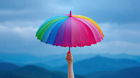 A vibrant rainbow umbrella held high in a hand showcases a stunning contrast against a dramatic sky and serene mountains, symbolizing joy and creativity.の素材