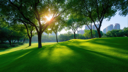 A tranquil urban park scene showcasing vibrant green grass and sunlight filtering through lush trees, creating a peaceful atmosphere ideal for relaxation and escape.の素材