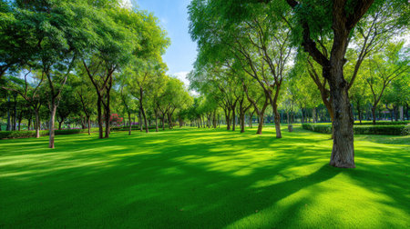 A serene park scene featuring lush green grass and tall trees with sunlight peeking through the leaves, creating a tranquil and inviting atmosphere for relaxation and leisure.の素材