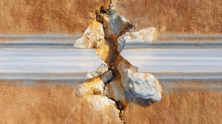 An intriguing aerial shot showcasing a crack in the ground reveals unique geological formations, enhanced by a dynamic motion effect that captures nature's beauty.の素材
