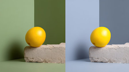A striking still life image featuring a bright yellow egg resting on a textured stone block, complemented by a vivid green and blue background, showcasing modern artistry.の素材