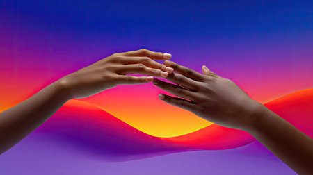 Two graceful hands reach towards each other against a stunning sunset backdrop, capturing the essence of connection and unity amidst vibrant colors of a serene landscape.の素材