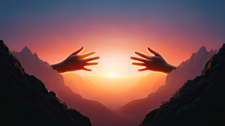 A surreal landscape featuring two hands reaching towards a vibrant sunset over distant mountains, symbolizing connection and hope amid a breathtaking twilight atmosphere.の素材