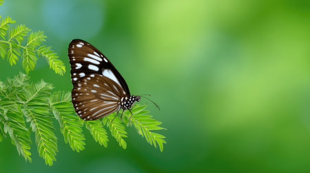 A captivating butterfly rests gracefully on lush fern leaves, highlighting the beauty of nature. The harmonious green background creates a serene and tranquil atmosphere.の素材