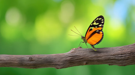 A striking orange and black butterfly rests on a textured branch, set against a blurred green background, showcasing the beauty and delicacy of nature.の素材