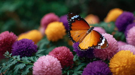 A stunning close-up of a vibrant butterfly resting on an array of colorful flowers, showcasing the beauty of nature and the delicate details of its ecosystem.の素材