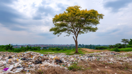 A solitary tree stands amidst a large area of discarded waste, reflecting the urgent need for environmental awareness and conservation in modern landscapes.の素材