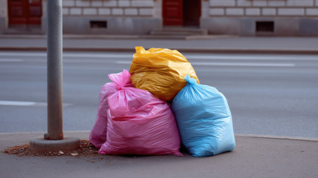 A trio of bright plastic garbage bags in pink, yellow, and blue sits on the sidewalk next to a street in an urban area, highlighting waste management challenges.の素材