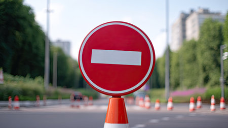 A red circular no entry sign stands prominently in an urban landscape, signaling restricted access. Surrounded by green trees and traffic cones, it highlights road safety.の素材