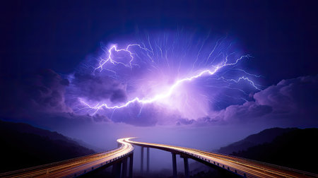 Captivating night scene featuring a bridge illuminated by headlights below a dramatic sky filled with vivid lightning strikes and swirling dark clouds.の素材