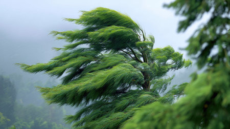 A stunning image of lush green trees swaying in the wind, set against a misty backdrop, capturing the beauty and dynamic energy of nature's elements.の素材