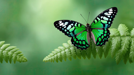 A striking green butterfly rests on a fern leaf, surrounded by a soft-focus green background, highlighting the vibrant colors and delicate beauty of nature.の素材