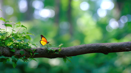 A beautiful butterfly perches on a branch, surrounded by vibrant greenery, capturing the essence of nature. Soft light creates a tranquil atmosphere, perfect for wildlife enthusiasts.の素材