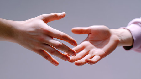Two hands reach toward each other in a gentle moment of connection, symbolizing trust and empathy in human relationships, with a soft, minimalistic background.の素材