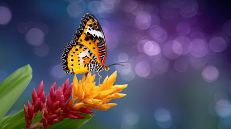 A stunning butterfly rests on a tropical flower, showcasing vivid colors and intricate patterns. The blurred bokeh background enhances the natural beauty of this serene moment.の素材