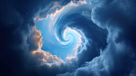 Captivating swirling clouds create a beautiful contrast against a bright blue sky, evoking a sense of wonder and tranquility in this stunning natural scene.の素材