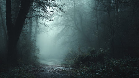 An atmospheric depiction of a foggy forest pathway, showcasing dense trees shrouded in mist, creating an enchanting and serene environment perfect for nature lovers.の素材