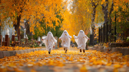 Three joyful children dressed as playful ghosts run along a leaf-covered path in an enchanting autumn park, capturing the essence of Halloween fun and innocence.の素材