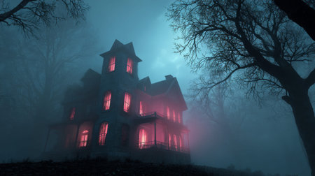 An atmospheric shot of a haunted house at night, enveloped in fog. Glowing windows cast a haunting light, creating a thrilling sense of eeriness and intrigue.の素材