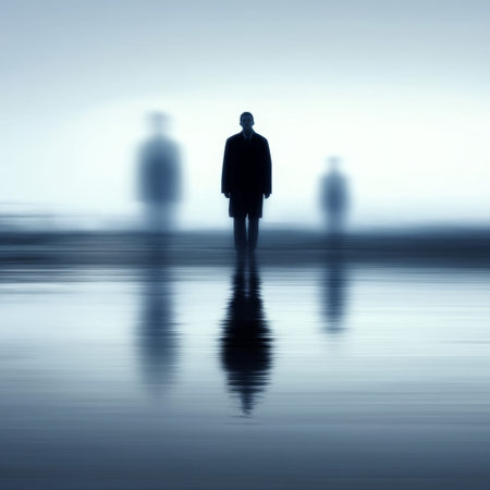 A lone figure stands in a foggy landscape, surrounded by shadowy shapes that evoke mystery and isolation, inviting viewers to explore themes of uncertainty and introspection.の素材
