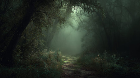 A captivating forest scene featuring a misty pathway, dense trees, and soft light filtering through foliage, creating a serene and magical atmosphere perfect for exploration.の素材