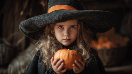 A young girl dressed as a witch, holding a pumpkin and exhibiting a mysterious expression. The backdrop adds warmth and charm, creating an enchanting Halloween scene.の素材