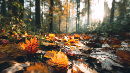 A serene forest path blanketed with colorful autumn leaves, illuminated by soft sunlight filtering through the trees, inviting tranquility and peaceful reflection.の素材