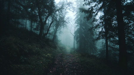 Experience the serene beauty of a misty forest pathway, shrouded in fog and solitude, inviting you to explore the tranquil wilderness and its enchanting atmosphere.の素材