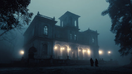 This captivating image features a fog-covered mansion with glowing lights, creating a mysterious atmosphere. Dark figures in cloaks add to the eerie vibe of the scene.の素材