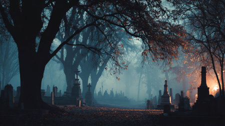 A stunning cemetery scene captures the serene beauty of dusk with mist and eerie shadows, enveloping grave stones and trees in quiet, haunting elegance.の素材