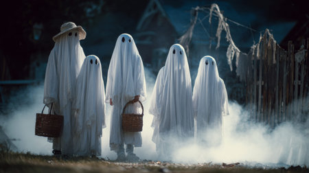 A chilling scene of children dressed as ghosts, walking through fog on Halloween night. Their playful spirits and eerie costumes create a festive yet haunting atmosphere.の素材