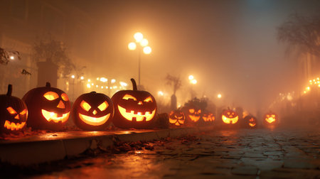 A mesmerizing scene of Halloween featuring glowing jack-o'-lanterns lining a foggy street, illuminated by soft festival lights that create an enchanting atmosphere.の素材