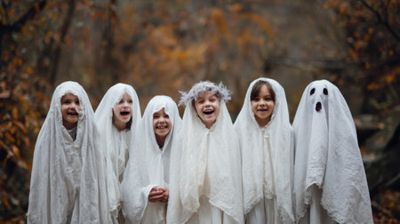 A charming scene of children dressed in white ghost costumes, joyfully laughing in a forest during autumn, evoking a playful Halloween spirit full of fun and friendship.の素材
