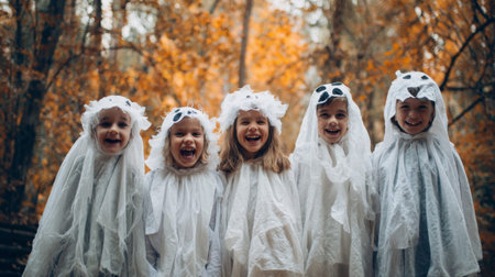 A vibrant scene featuring joyful children dressed in whimsical ghost costumes, celebrating the autumn season in a beautiful forest, full of laughter and camaraderie.の素材