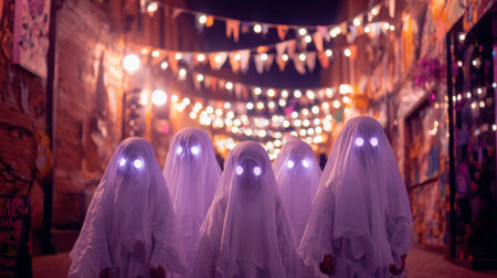 A group of ghostly figures in white sheets with glowing eyes walks through a colorful, festively lit alley. The scene captures a whimsical Halloween spirit filled with imagination.の素材