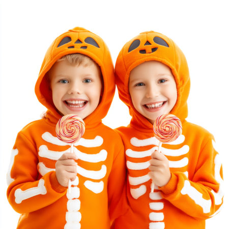 Two joyful children in bright orange skeleton costumes hold colorful lollipops, capturing the essence of Halloween fun and festive spirit in a playful studio setting.の素材