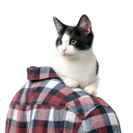 A cute black and white cat sits on the shoulder of a person wearing a plaid shirt, creating a heartwarming moment that captures the bond between pets and their owners.の素材