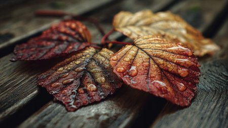 This close-up image showcases autumn leaves with water droplets resting on their vibrant surfaces, highlighting the beauty of nature during the fall season.の素材
