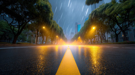 A deserted urban street scene featuring heavy rain, luminous street lights, and a blurred city skyline creating a tranquil yet vibrant nighttime atmosphere.の素材