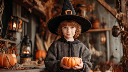 A delightful young child dressed in a witch costume holds a small pumpkin, standing in a rustic outdoor setting adorned with autumn decorations and cozy vibes.の素材